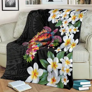 Hawaiian Plumeria Flower & Turtle Throw Blanket - Soft Flannel Geometric Tribal Design, Machine Washable, All-Season Comfort for Sofa, Bed, or Gift, Sofa Throw |   Tribal Pattern Blanket |   Machine Washable Throw