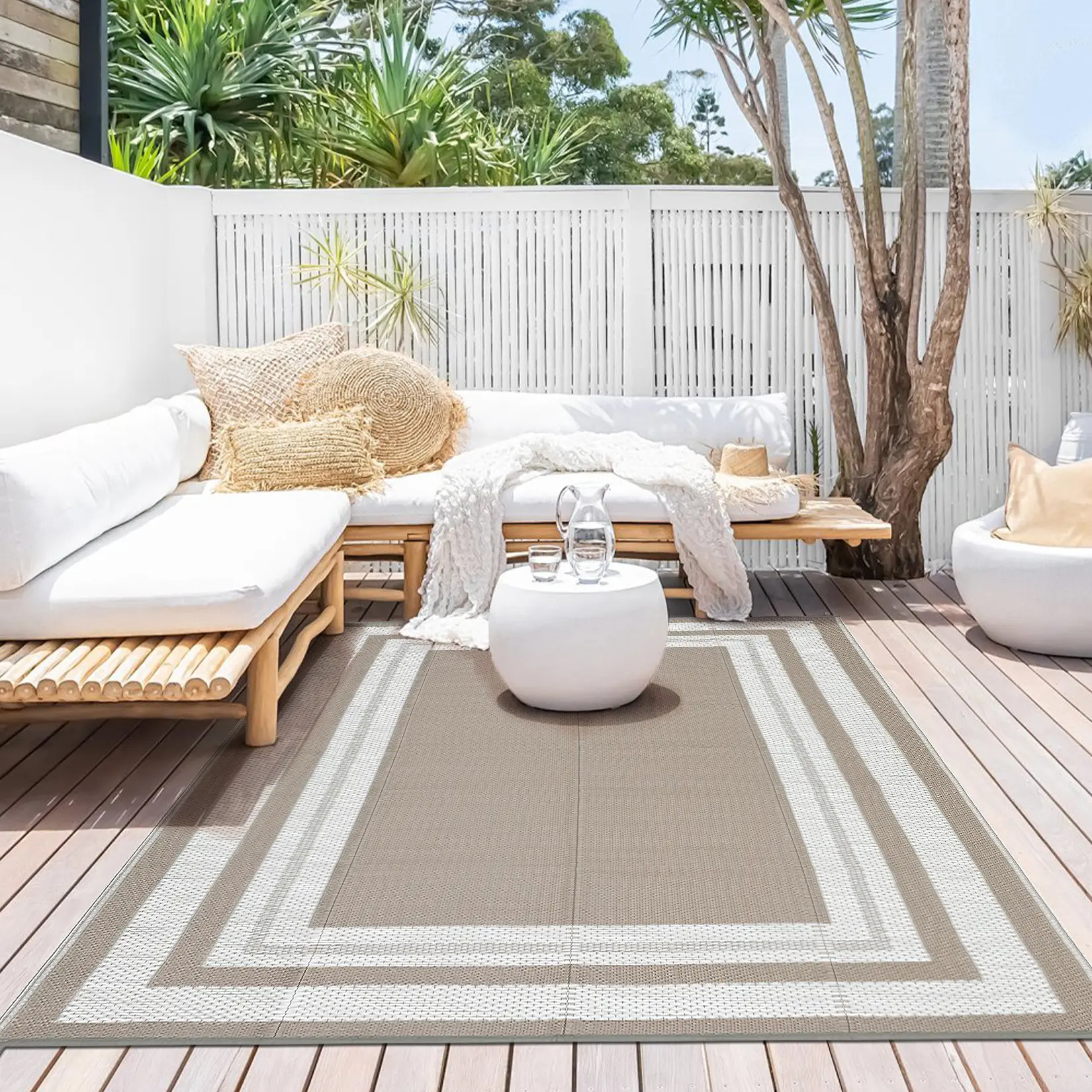 Waterproof Reversible Outdoor Rug, Modern Border Plastic Straw RV Mat, Indoor Outdoor Carpet for Patio, Camping, Balcony, Deck, Backyard & Porch,back to school,dorm essentials,home decor,home essentials