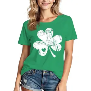 Women's St Patrick's Day Lucky Irish Shamrock T-Shirt - Lady Crew Neck Shortsleeve Cotton Fabric Top, Higher Quality Graphic Printed, Oversize Option (Size Down Recommended), Seamless, PLK0032-2