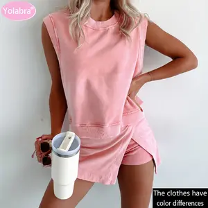 Yolabra Summer Women Pure Cotton Short Sleeve T-Shirt Two Piece Set Solid Color Casual Fashion Soft Breathable Fabric Comfortable Relaxed Fit Lightweight Material Stylish Simple Design Daily Home If you mind color difference don't place an order