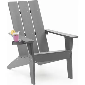 Premium Oversized Design Modern Adirondack Chair with Cup Holder Weather Resistant Plastic Outdoor Fire Pit Seating in Grey
