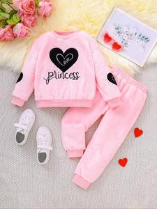 two-piece set girl's heart graphic embroidery drop shoulder sweatshirt & pants set, cute long sleeve round neck pullover & trousers for fall & winter, kids clothes for daily wear, gift for valentine's day