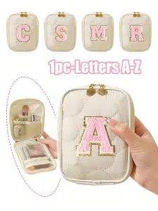 Minimalist quilted makeup bag with pink towel embroidered letters A-Z - portable makeup bag, simple and delicate lipstick bag, travel clutch, portable travel cosmetics storage bag, multifunctional storage bag, can store cosmetics and lipsticks