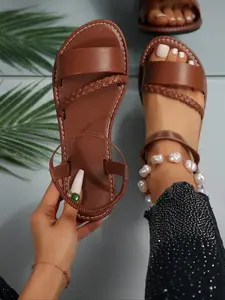 New Women's Fashion Minimalist Woven Strap Comfortable Flat Sandals Footwear, Casual Summer Essential Cross Strap Toe-Open Shoes
