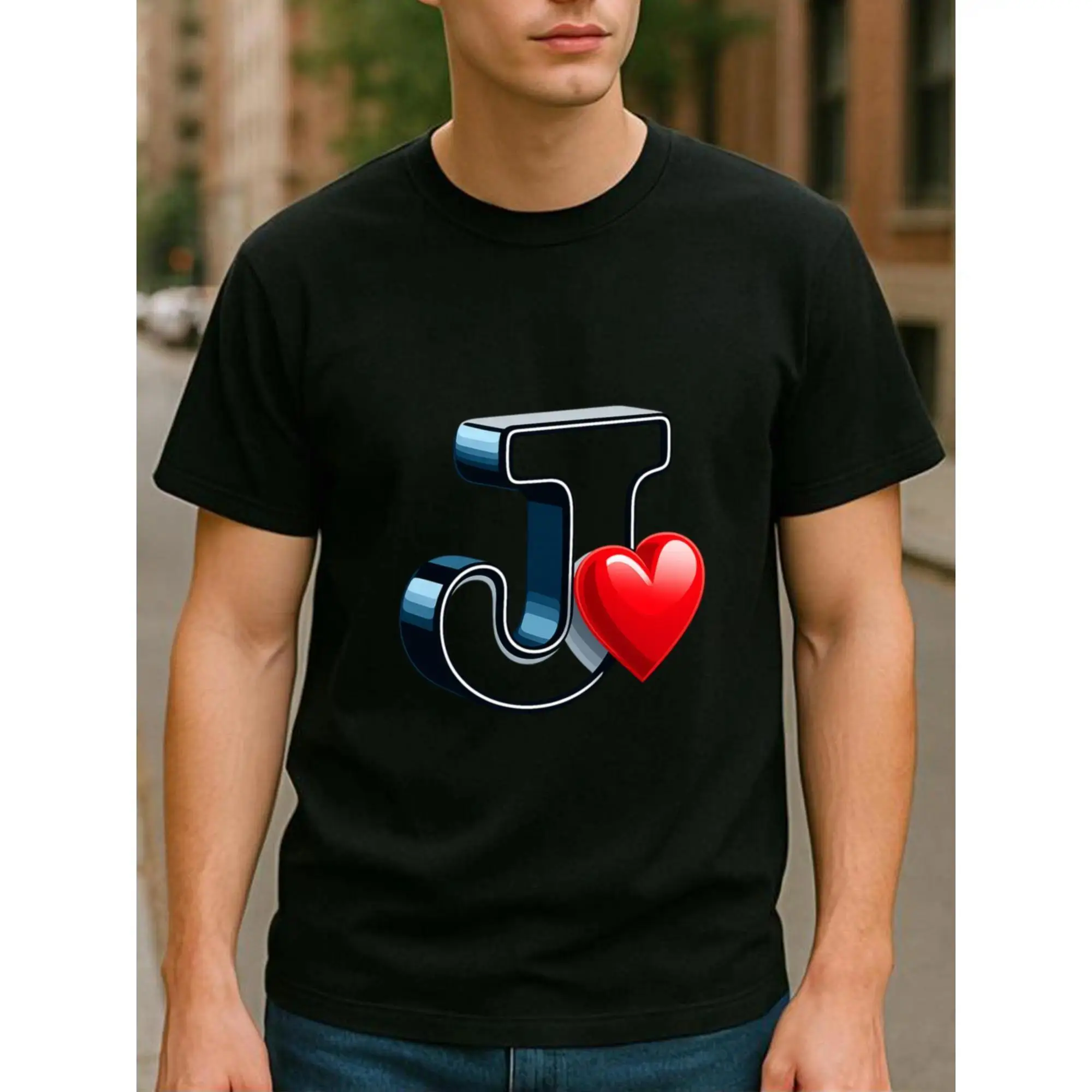 Men's Oversized Retro 3D Letter J T-Shirt with Heart Graphic - Classic Unisex Short-Sleeve Cotton Apparel, Initial J Monogram Streetwear Casual Fabric Top, Personalized Daily Wear Gift Shirt, Shortsleeve, Menswear, Printed Art, Clothes