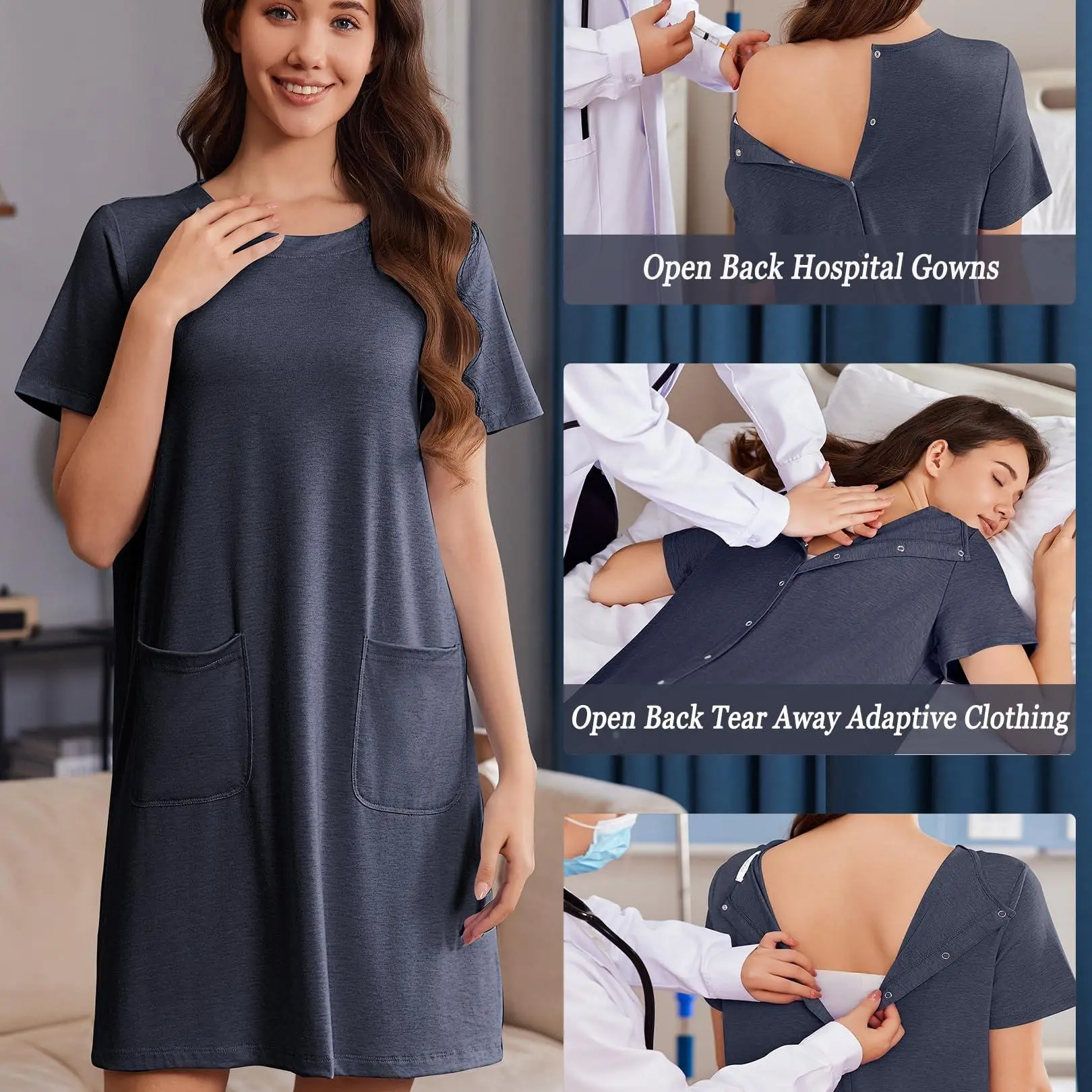 Deyeek Hospital Gowns for Women Open Back Tear Away Snap Nursing Dress Short Sleeve Soft Adaptive Clothing With Pockets, Female, Nurses, Above The Knee, All Seasons, Loose-Fitting, Backless, Soft Fabric, Cold Wash