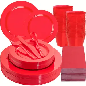 New 176 Pieces Red Plastic Plates- Red Heavy Duty Disposable Plates Dinnerware 50Plates 75 Plastic Silverware 25 Napkins 25 Cups Bonus 1 Red Plastic Tablecloth for Party& Wedding &Mother's Day Christmas