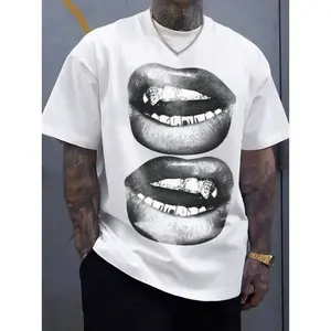 Manfinity EMRG A White Street Style Top With Full Black And White Mouth Pattern, Suitable For Summer Men's T-Shirt , Naughty Clothes Men, Merch Gift Casual Breathable Menswear Classic Fabric Underwear Tshirt