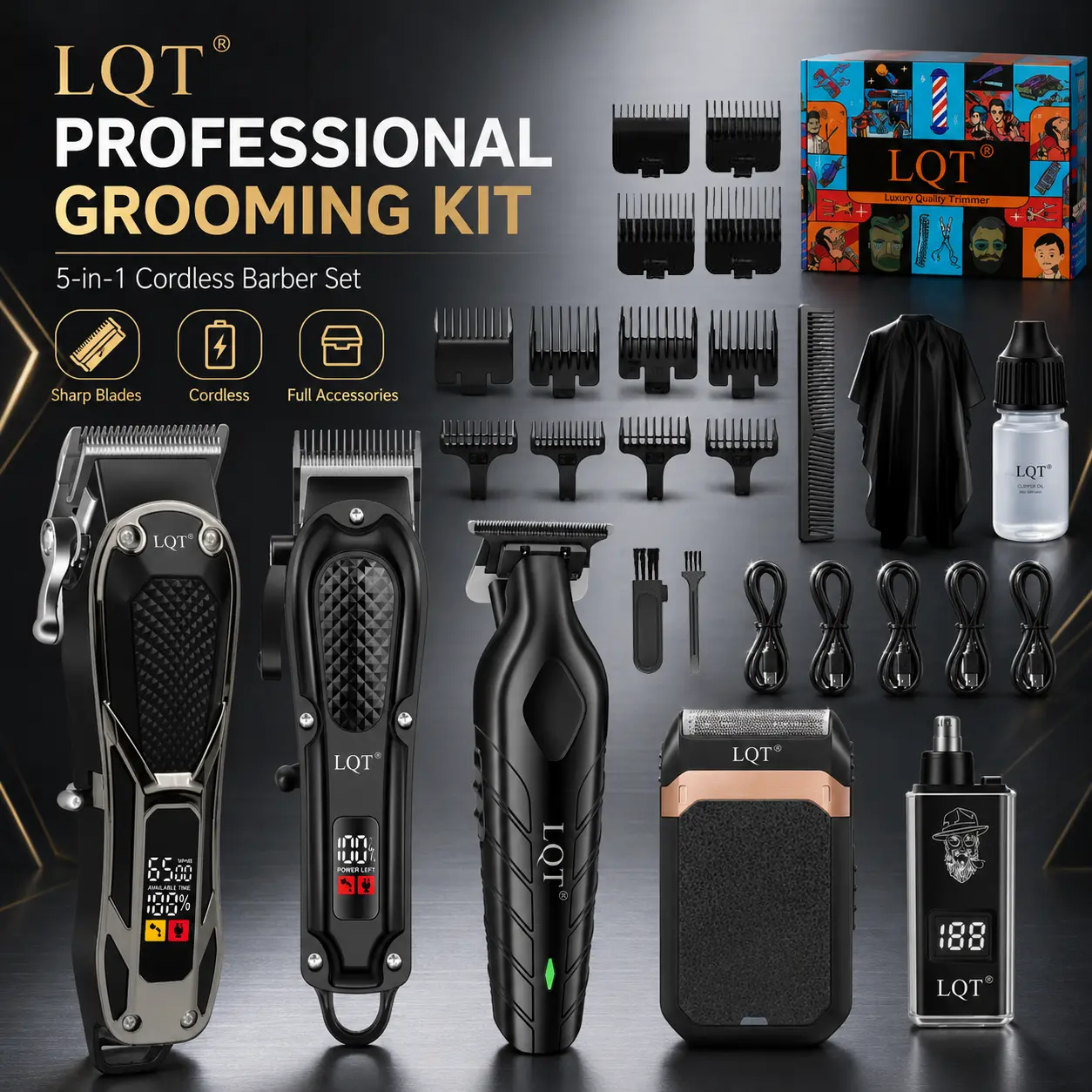 Men's 5-in-1 Professional Cordless Hair Clipper completo Kit, Barber Grooming Set with Clipper, Trimmer, Foil Shaver, Nose Trimmer for Hair & Beard Care, Haircut  lcd display   practical gift, Digital Led, Hair/Beard/Face