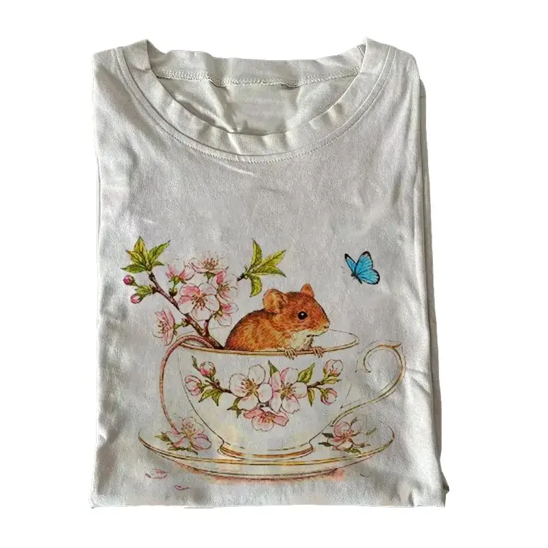 Women's Vintage Retro Cottagecore Mouse Graphic Cotton Round Neck Casual Tee - Oversized Regular Fit Ribbed Unisex Streetwear Top, Lady's 1-Piece Gift Clothes 020410, Short Sleeves, Classic