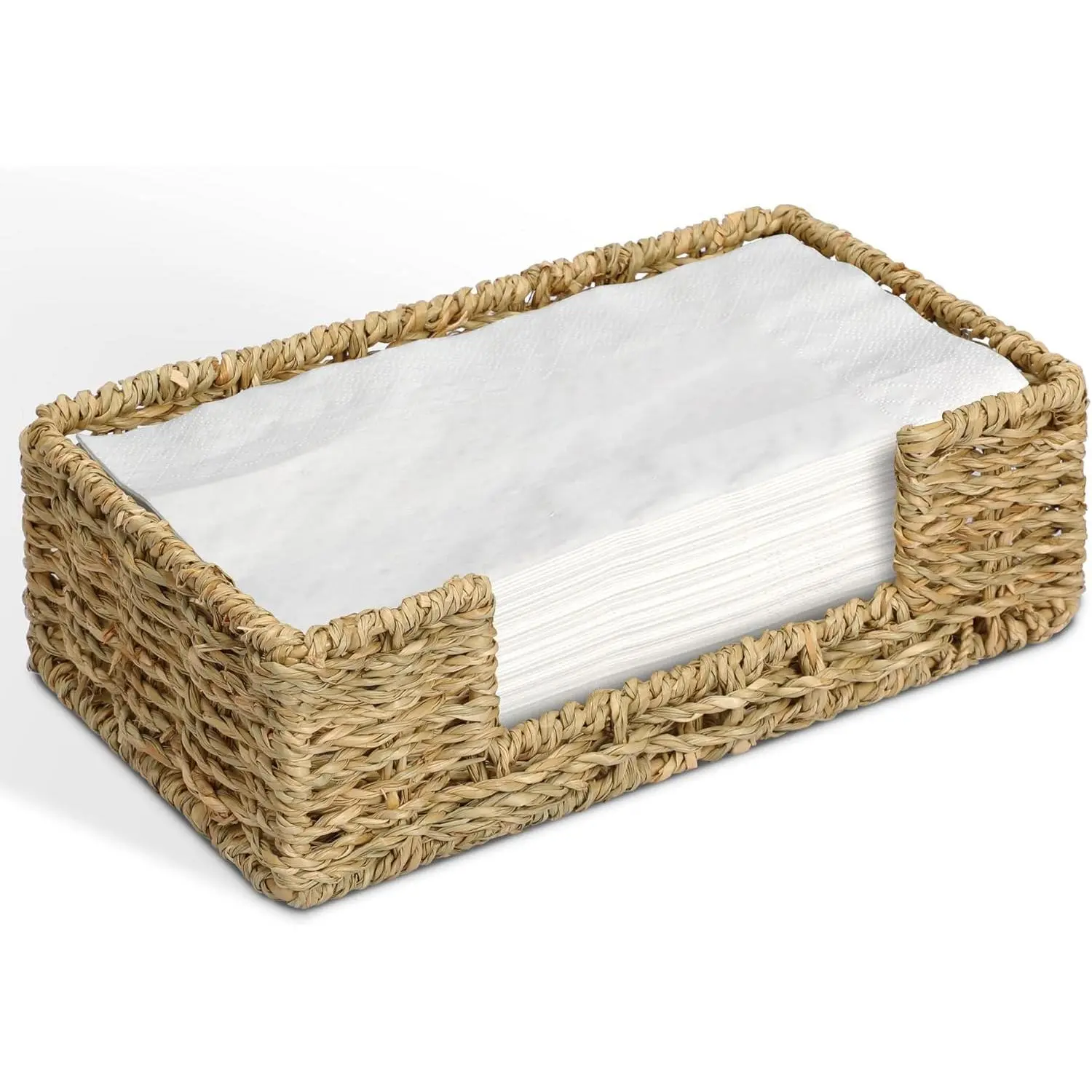 Long Seagrass Woven Rattan Organiser, Disposable Guest Towel Napkin Holder Basket Tray Caddy for Bathroom, Kitchen Dinner Table