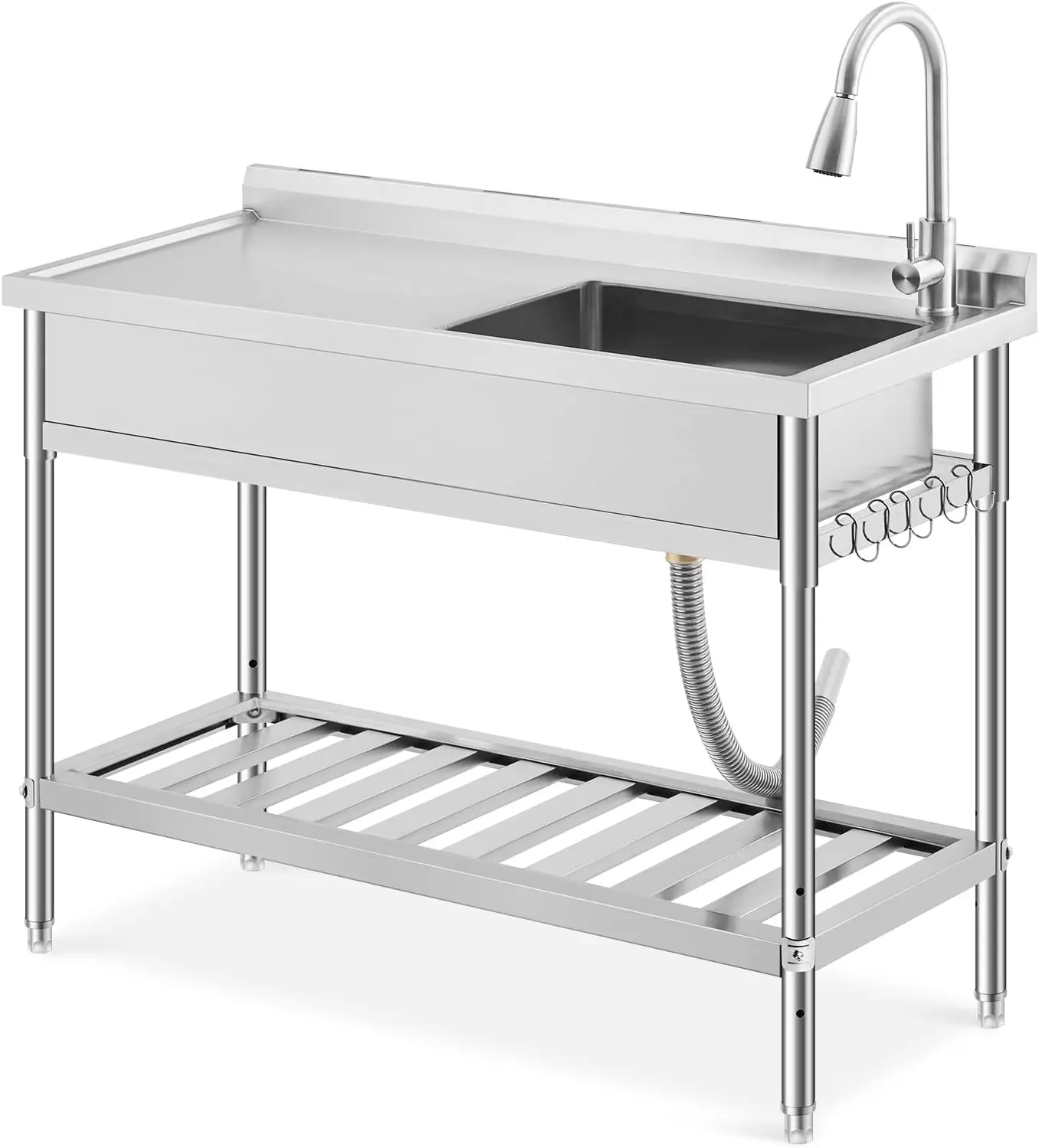 Freestanding Stainless Steel Utility Sink with Workbench, Hot Cold Faucet, Undershelf, S-Hooks, Knife Holder – Commercial Prep Sink for Kitchen, Laundry, Garage, Outdoor Use
