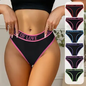 Hotcom Color Block Letter Print Briefs for Women - Elegant Comfy Breathable Stretchy Intimates Panties - Pastel Comfortable Everyday Wear - Minimalist Women's Briefs for Everyday Style & Comfort
