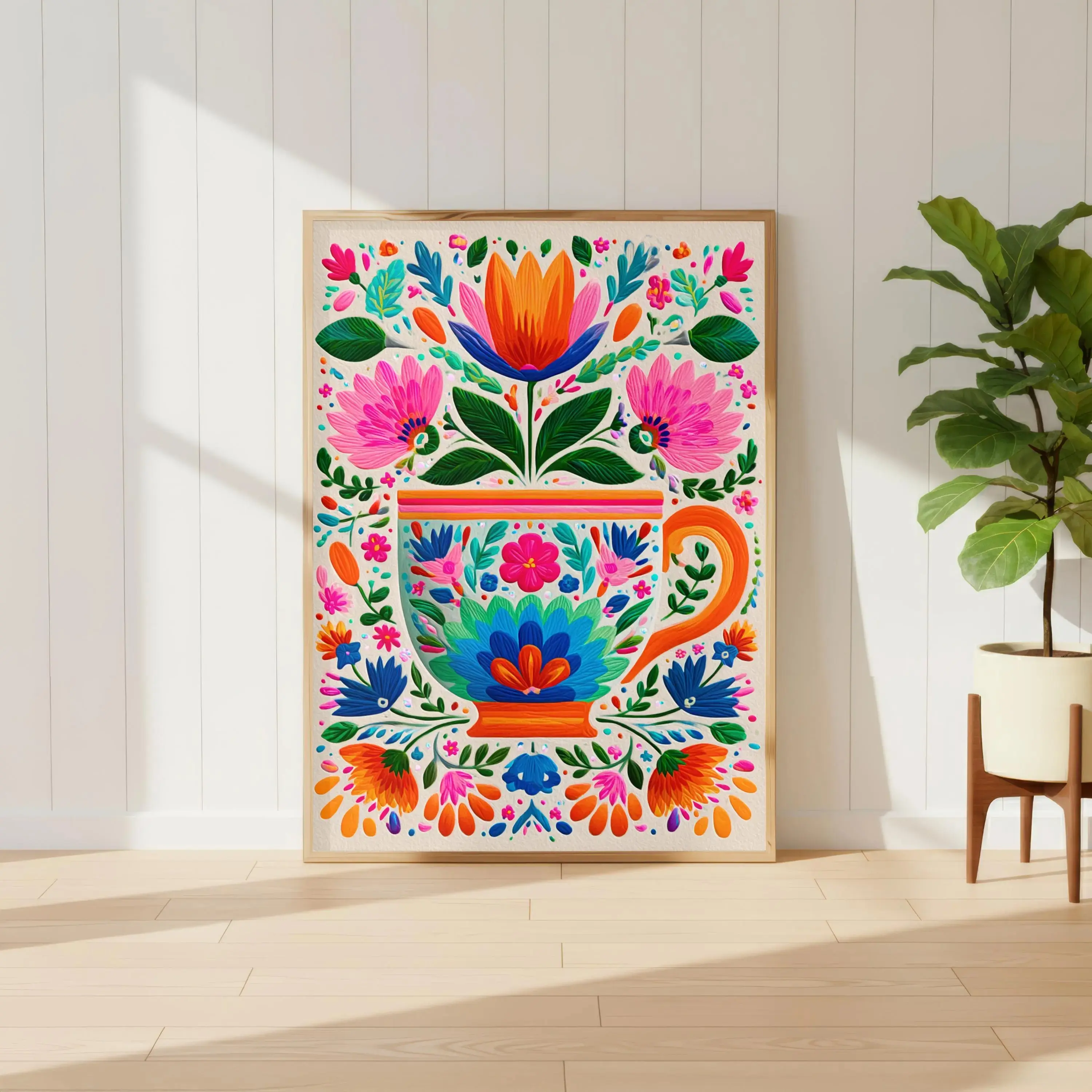 Cafecito Poster Unframed  Colorful Folk Art Coffee Print, Mexican Inspired Kitchen Decor, Floral Coffee Cup Art