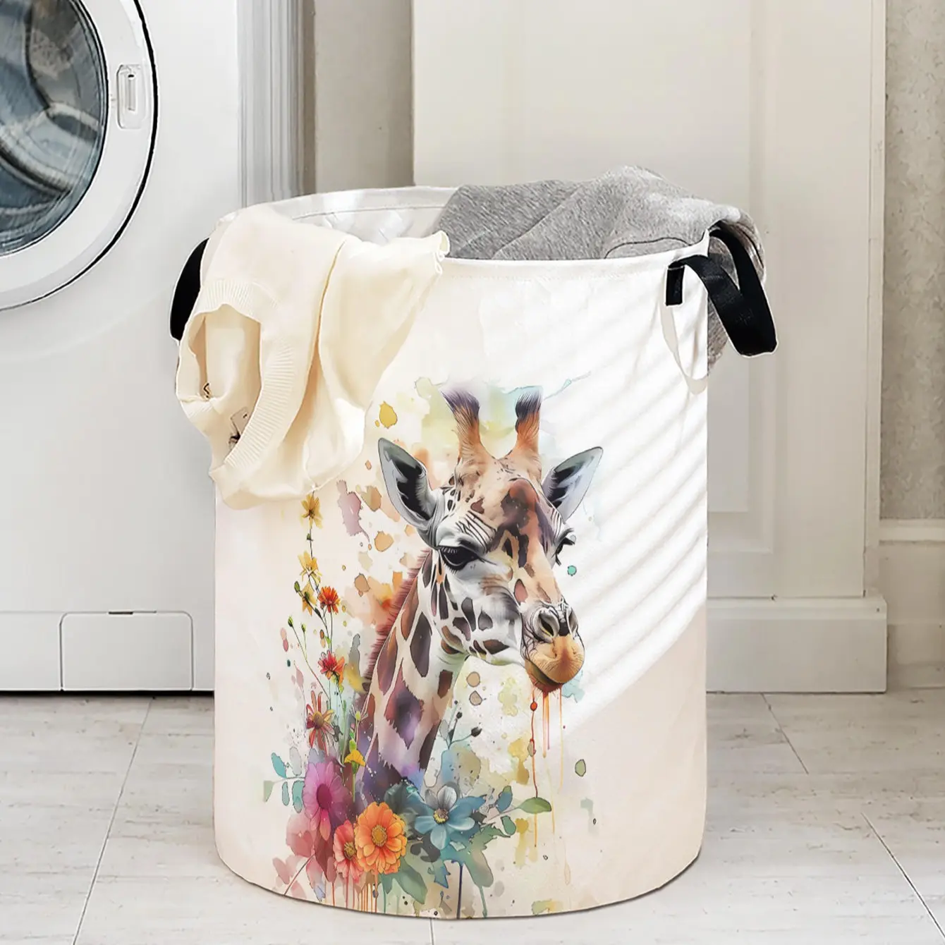 Giraffe Print Laundry Basket with Handles, Durable Collapsible Fabric Hamper for Home, Large Capacity for Clothes & Toys