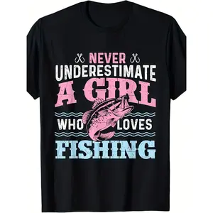 Women'S Fishing Graphic T-Shirt - "Never Underestimate A Girl Who Loves Fishing" Slogan & Fish Design, Black with Pink & Blue Lettering, Comfortable Regular Fit Casual Round Neck Short Sleeve Tee for Outdoor Enthusiasts, Anglers