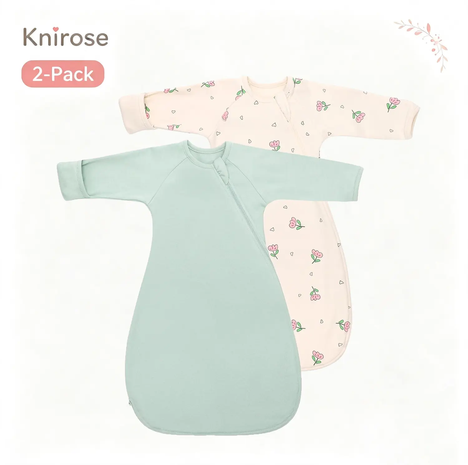 Knirose Sleep Sacks for Baby 2-Pack, Long Sleeve Baby Cotton Sleep Sack, Wearable Blanket, Diagonal 2-Way Zipper, Breathable Stretch Sleep Bag, Baby Sleepwear, Baby Pajamas, Baby Clothing for Newborns, Infants & Toddlers