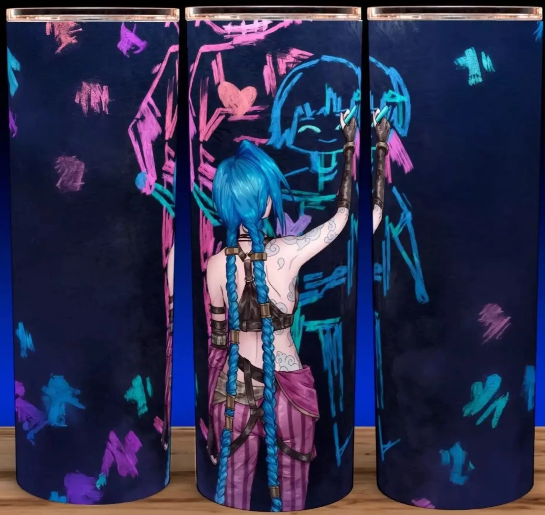 Arcane League of Legends Jinx Drawing Isha Anime Cup Mug Tumbler 20oz with Lid & Straw, Stainless Steel, Lightweight Design for Hydration - Reusable, Stylish