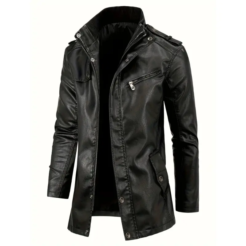Men's Cool PU Leather Jacket Casual Street Style Stand-Up Collar Coat with Zippered Pockets Black Long Sleeve Fitted All Seasons Menswear