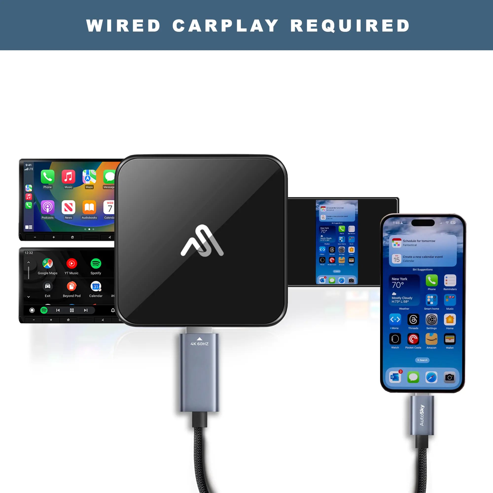 AutoSky Compact Carplay Media Adapter + HDMI to USB-C Cable Bundle, 5V Car Power In-Car Media Accessory for TV Sticks on Vehicle Infotainment Systems, Wireless Display for Cable-Free Trips