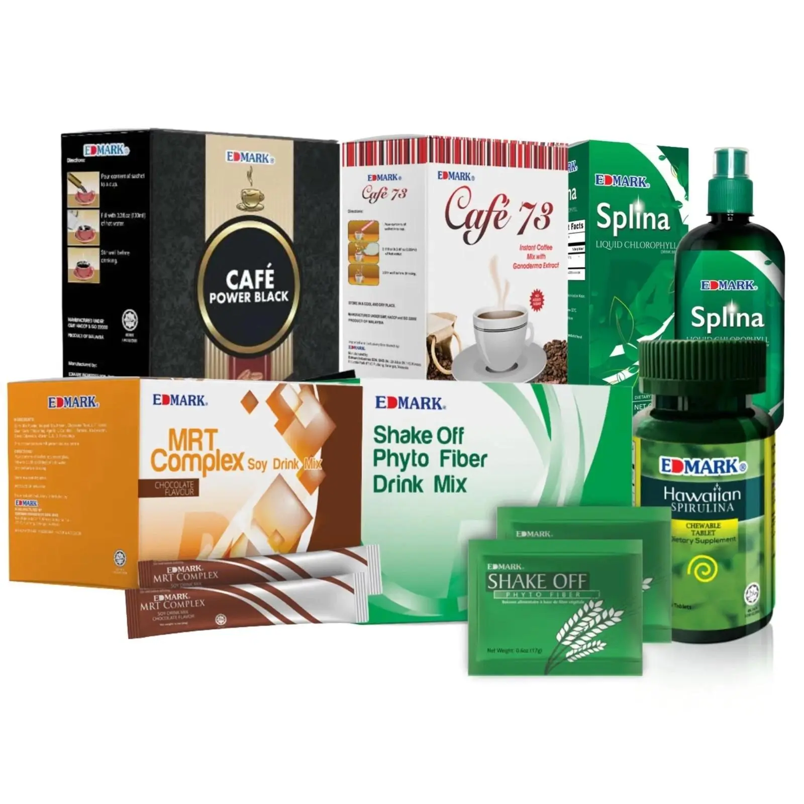Shake Off Phyto Fiber, Splina Chlorophyll, Café 73, Spirulina, MRT, Café Black