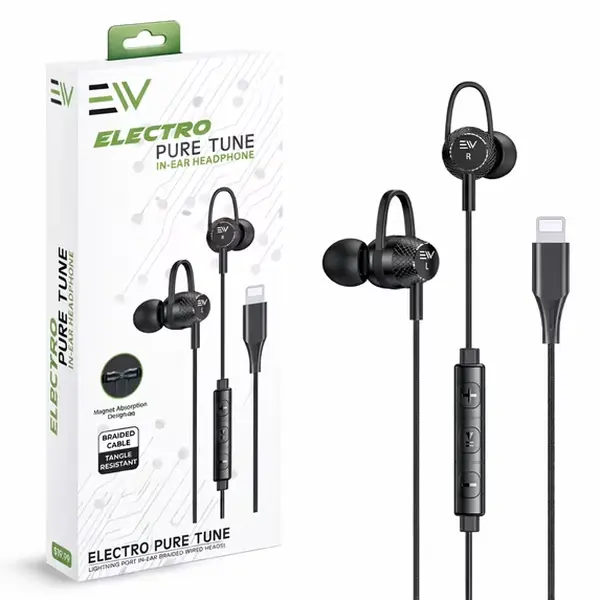 Electronic World Electro Pure Tune Lightning Wired Earbuds with Microphone, Braided Cable, Noise Isolating In-Ear Headphones for iPhone & iPad Audio Bluetooth Connection Durable