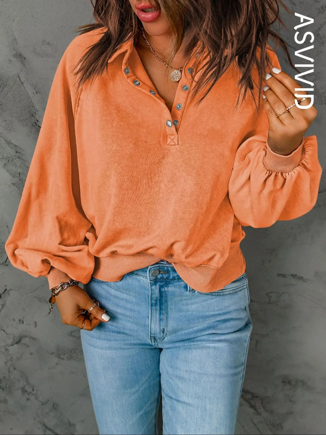 Women's Button Front Raglan Sleeve Sweatshirt, Casual Plain Long Sleeve Collared Pullover, Ladies' Clothes for Fall & Winter, National Day Clothing