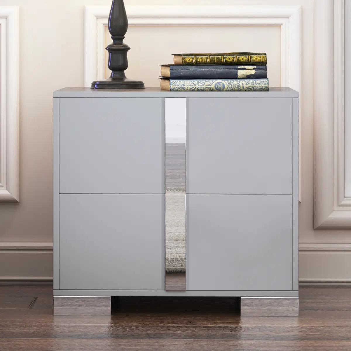 Gray Mirrored Nightstand with 2 Storage Drawers Metal Legs Modern Bedside Table MDF End Side Table for Bedroom Living Room Home Decor