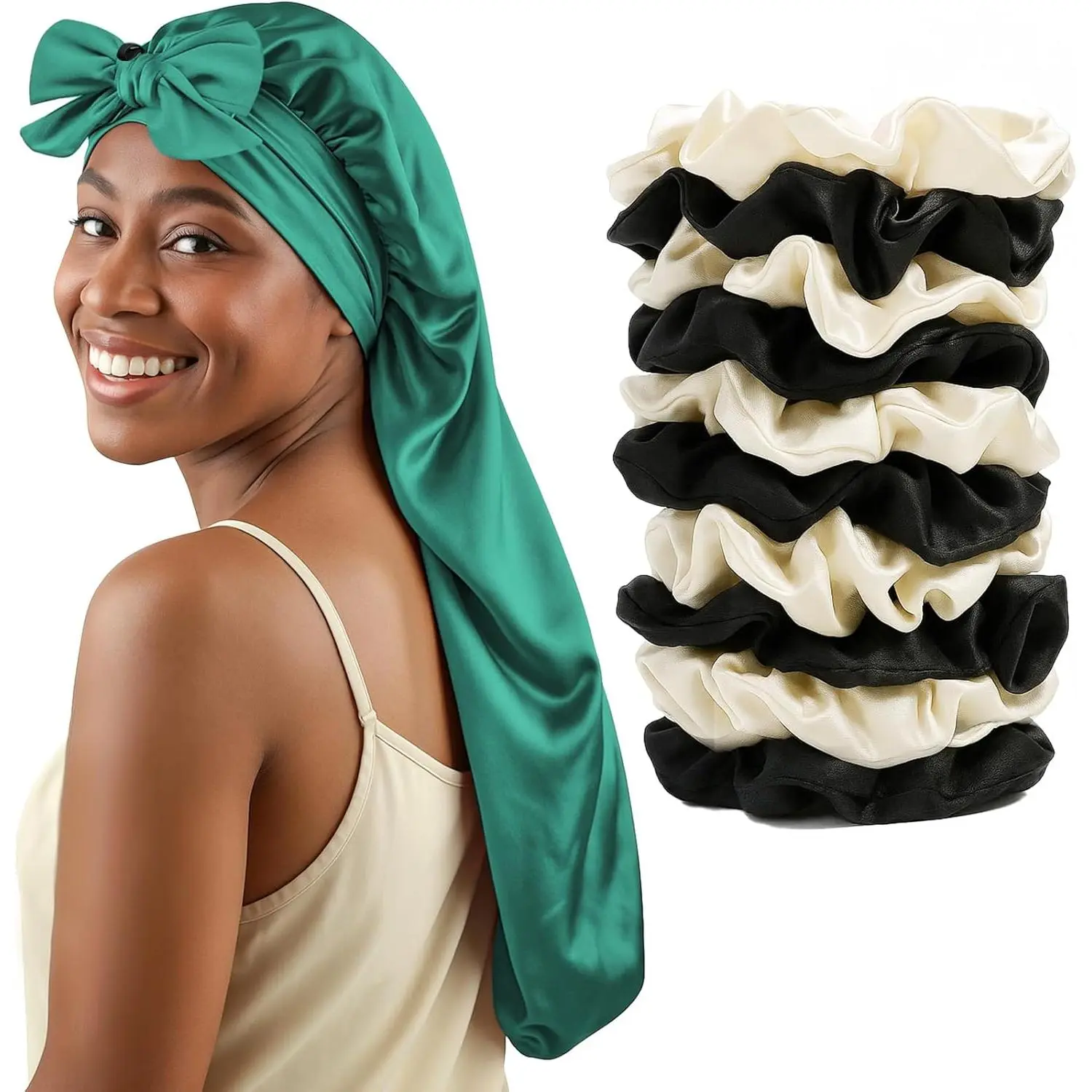 Women's Satin Long Tie Band Bonnet & 10-Piece Scrunchies Pack, Haircare Sleeping Cap & Hair Ties for Long Curly Braids Hair