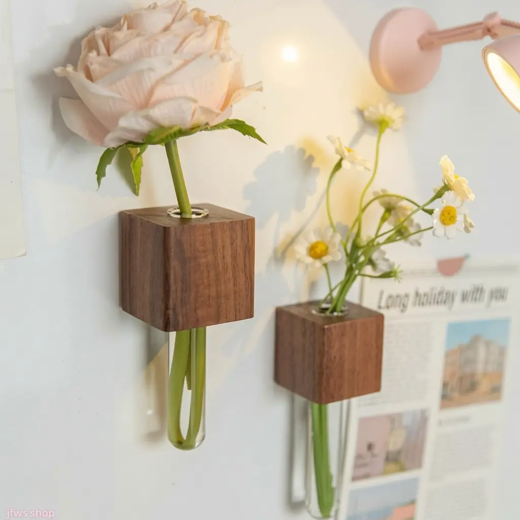 New Solid Wood Magnetic Refrigerator Test Tube Vase, Natural Minimalist Home Decor Ornament with Strong Magnetic Base, Durable Waterproof Lightweight Easy-Clean Versatile for Kitchen Flower Display, Creative Gift for Women