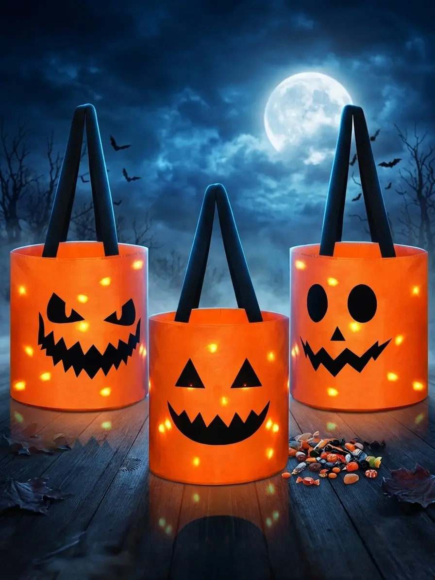 Halloween Light-Up Pumpkin Party Bags - Set of 3, Trick-or-Treat Tote Buckets for Festive Home & Party Supplies