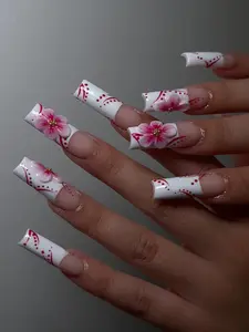Bubble Nailart | White French Nails with Red Dot Details & 3D Pink Floral Accents Handmade Press On Nails REUSABLE Gel/ 2025