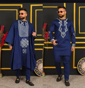 African Men's Clothing Embroidery Agbada Shirt Pants Matching Set 3 Piece Outfit Stylish 100% Cotton Formal Traditional Wedding Attire Groom Groomsmen Guest Nigerian Party Birthday Anniversary Prom Graduation