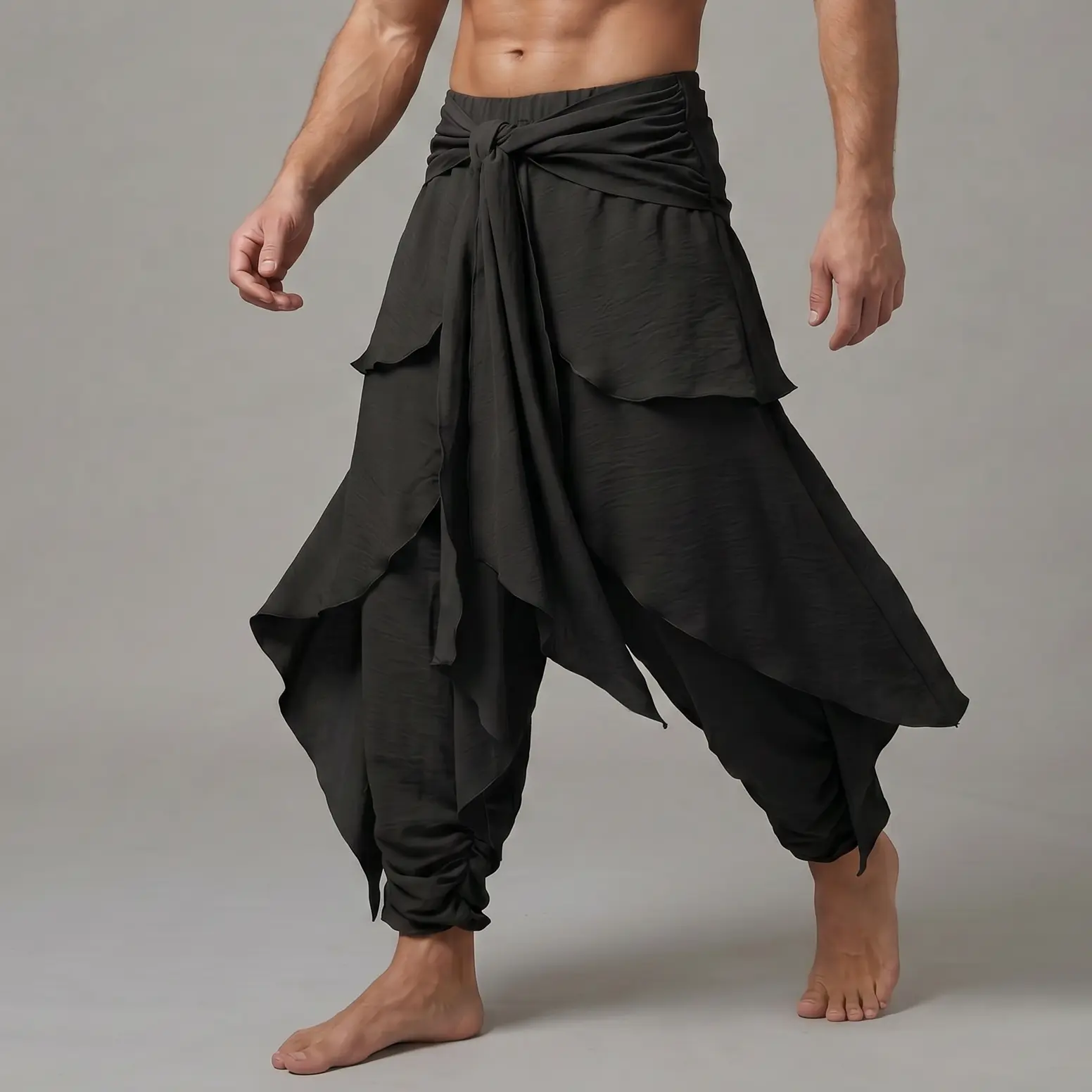 INCERUN Men's Baggy Trouser - Japanese Samurai-Inspired Unisex Fashion Clothes, Dance-Friendly, Drape Fabric Multi-Layer Wrap Pleated Deconstructed Black Skirt-Pants for Streetwear, Stage Looks, Men's Wear, Mensfashion, Baggy Fit, Woven, Wrap Fabric