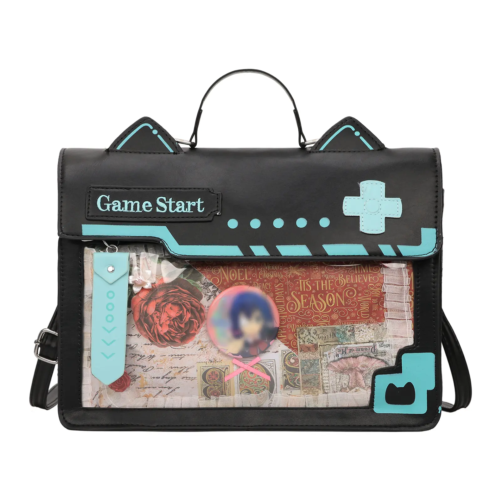 RIVERICH Flap Messenger Bag - Gamer Style PU Crossbody Purse with Kitten Ear Design & Adjustable Strap, Laptop-friendly Esports Shoulder Bag Perfect for gaming conventions, Parties, anime meetups, or daily kawaii streetwear