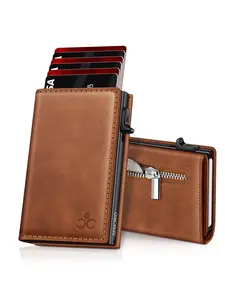 Men's Wallet with Zipper Coin Pocket, Automatic Pop-Out Metal Credit Card Holder, Minimalist RFID Blocking Business Card Wallet Gift, RFID Card Slots, Card Organizer Protector, Travel Card Holder