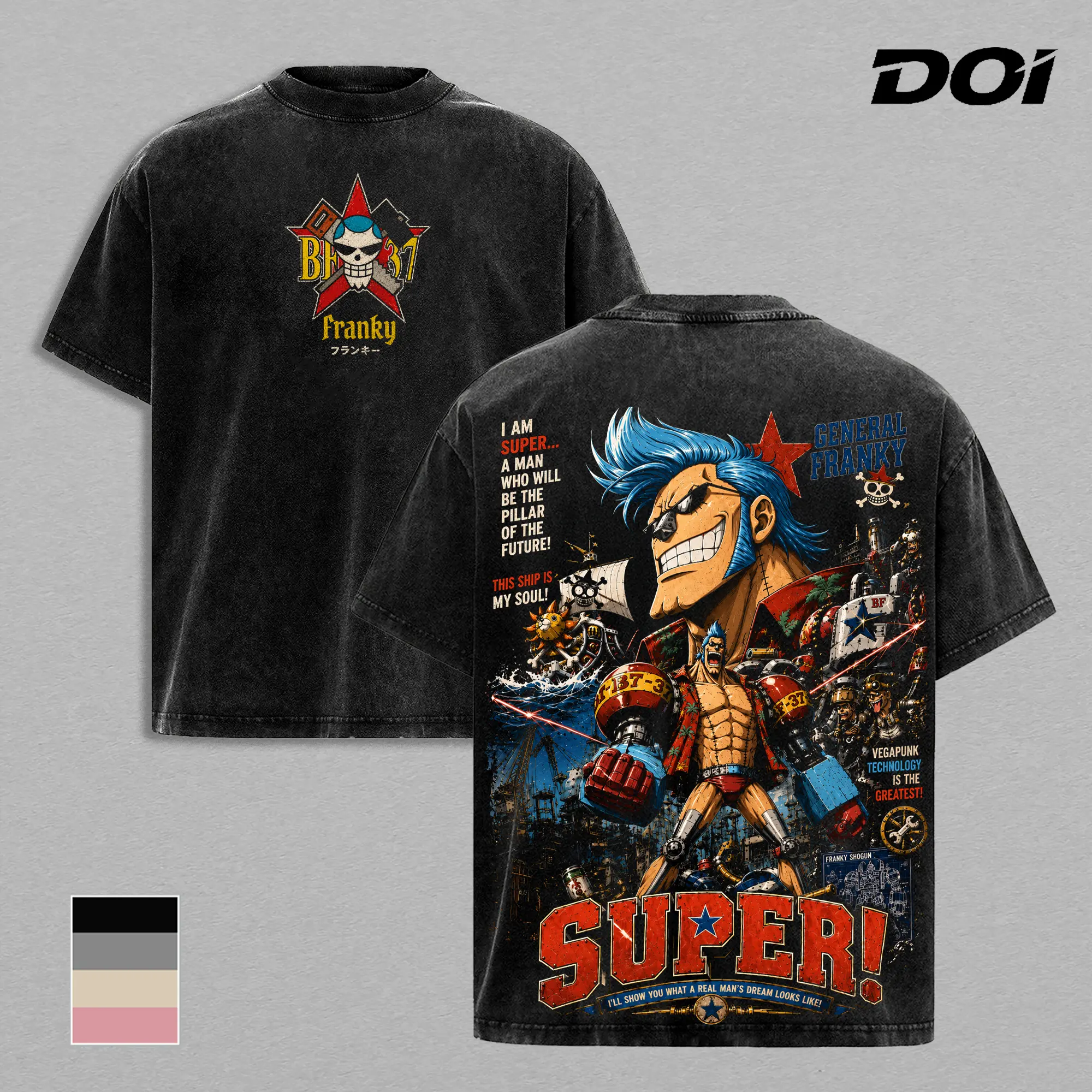 Franky OP T-Shirt, Cyborg General Franky Graphic Tee, Back Print Vintage 90s Anime Shirt, Graphic Tees Men, Trendy Tshirts, Men's T Shirts, OP Streetwear, Unisex Cotton Distressed Tee, Merch For Men, Men Fashion Graphic Tee