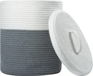 Storage Basket with Lid, Small Lidded Cotton Rope Storage Bins for Organizing, Cute Woven Round Covered Laundry Baskets (White & Grey, 12D x 13.5H Inches)