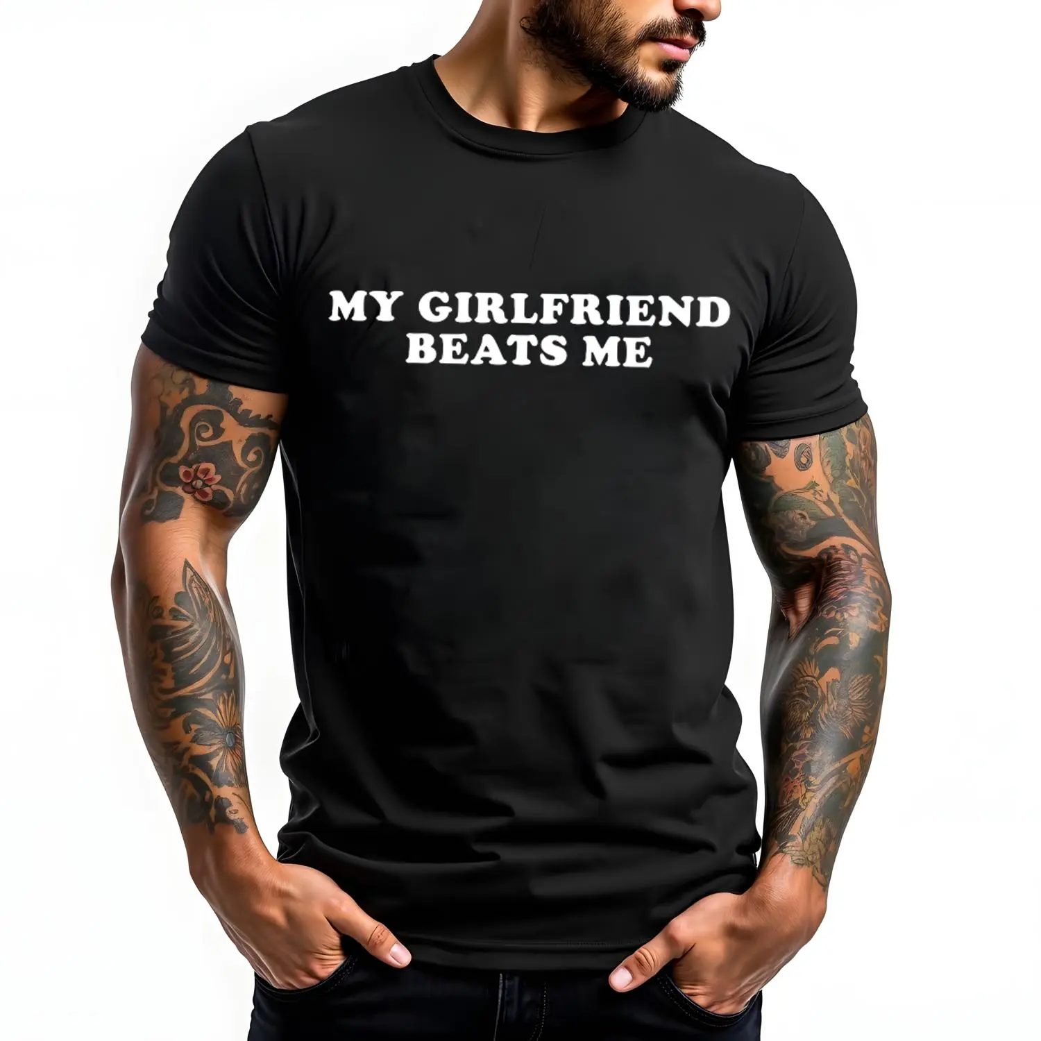 [100% Cotton] Humorous Relationship T - Shirt My Girlfriend Beats Me for Trending Couple Aesthetics