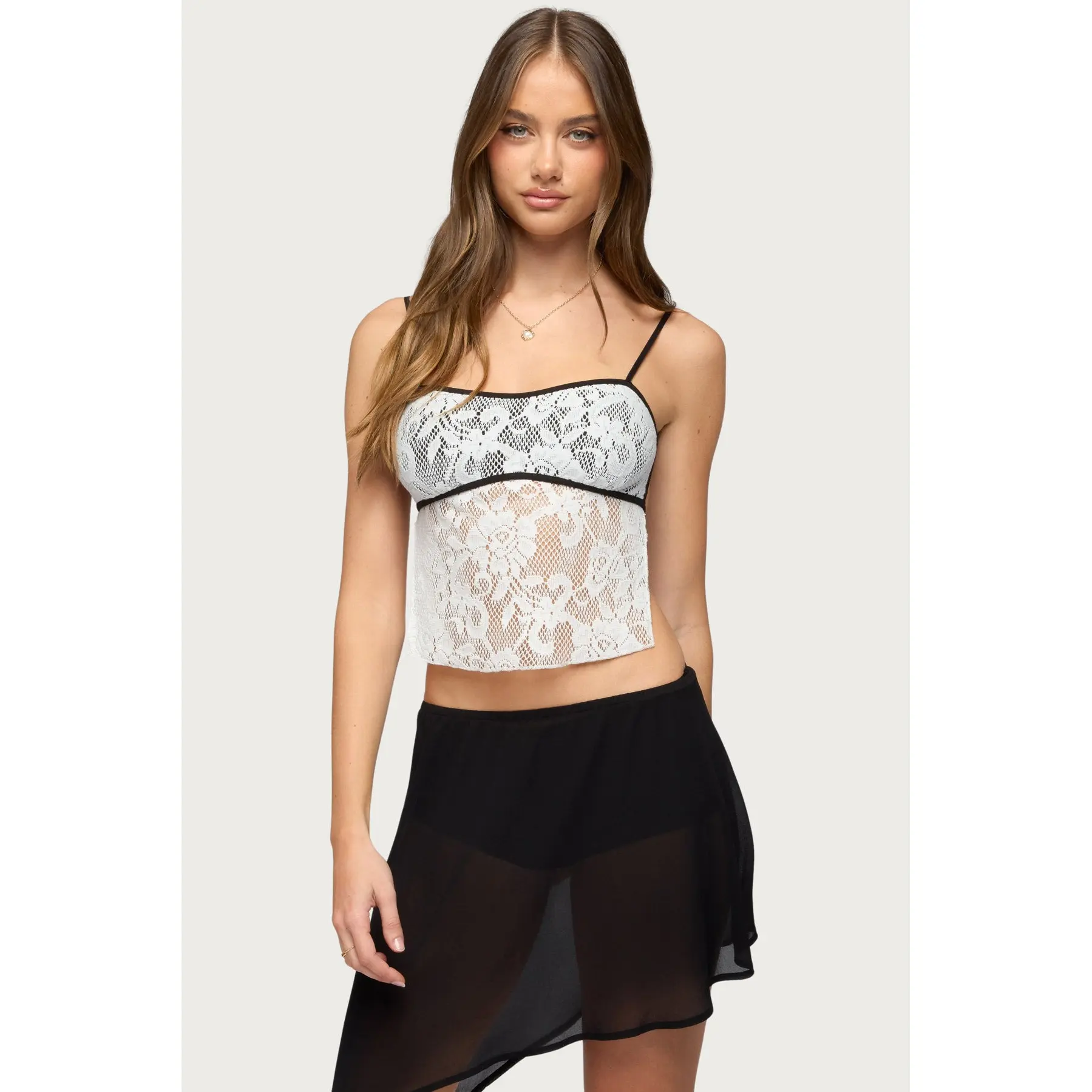 Solara Contrast Backless Sheer Crochet Top