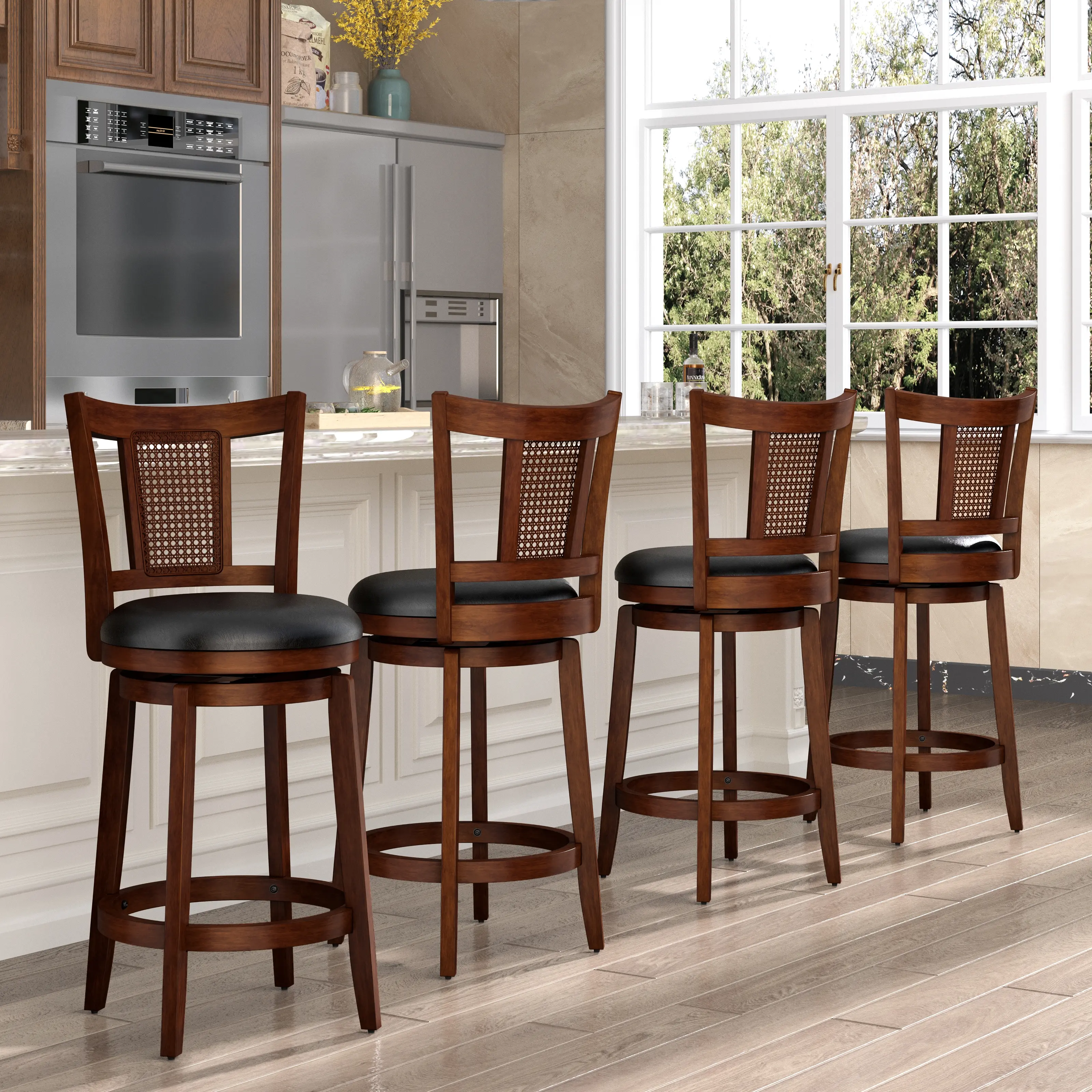 【360° Swivel 】PHIVILLA 26/30 inch Bar Height Stools Set of 2/3/4,Swivel Wooden Barstools Tall Upholstered Faux Leather Barstool with Back,Vintage Bar Height Chairs,Dark Brown Kitchen Stools, DealsForYouDays