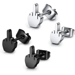 2pairs Punk Stainless Steel 20g Sier Black Middle Finger Ear Studs Earrings Womens Mens