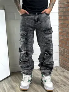 SRETOUU High Street Men's Multi-Pocket Baggy Cargo Jeans Fashion Men Casual Straight-Leg Long Pants Light Wash Extra Baggy Wide-Leg Denim - Fabric