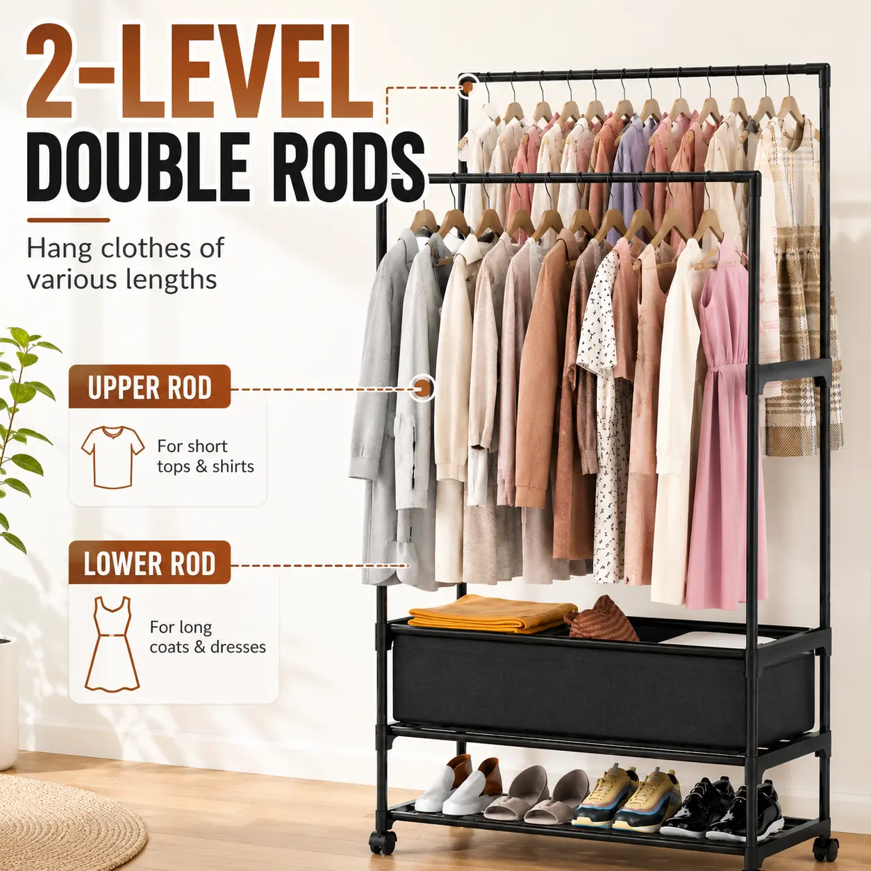 5432 Model Metal Garment Rack - Sturdy Iron Double Rod Hangable Organizer with Non-Woven Storage Bag, Silent Smooth Roll Wheels, Adjustable Shelf, Iron+ABS Frame, Freestanding Home Bedroom Wardrobe Unit