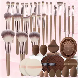 Brown Makeup Tool Set, 42Pcs Makeup Brushes Set Includes 25Pcs Premium Synthetic Foundation Powder Concealers Eyeshadows Blush Cosmetic Brush, Blending Sponges, Makeup Puffs, Cleaning Sponge, Makeup Brush Cleaner Bowl, Makeup Brushes Kit for Women