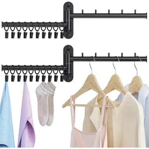 Wall Mounted Drying Rack, 2-Tier Laundry Drying Rack with Swing Arm, Space-Saving Foldable Laundry Clothes Hanger with 10 Clips for Laundry Room Closet Organizer Bathroom Bedroom (2 Pack)