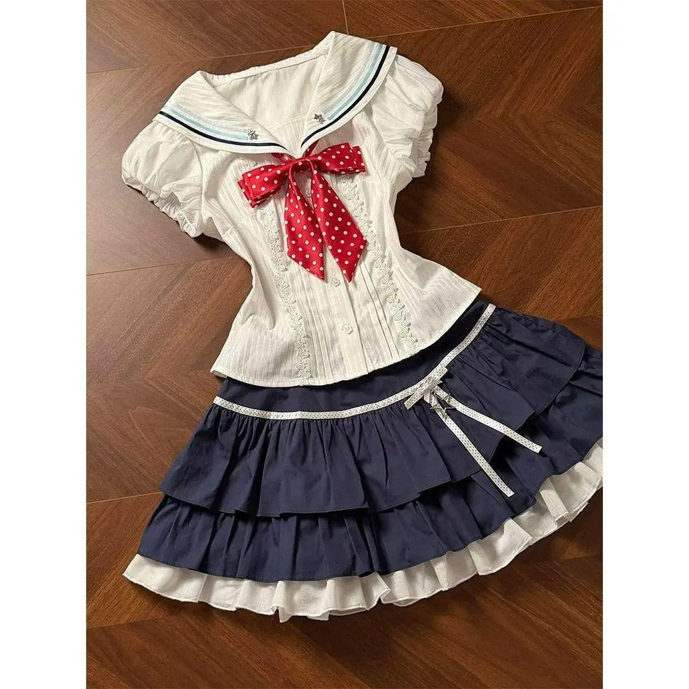 Women Vintage Japanese JK Two Piece Set Sailor Collar Bow Blouse Tiered Ruffle Mini Skirt Outfit