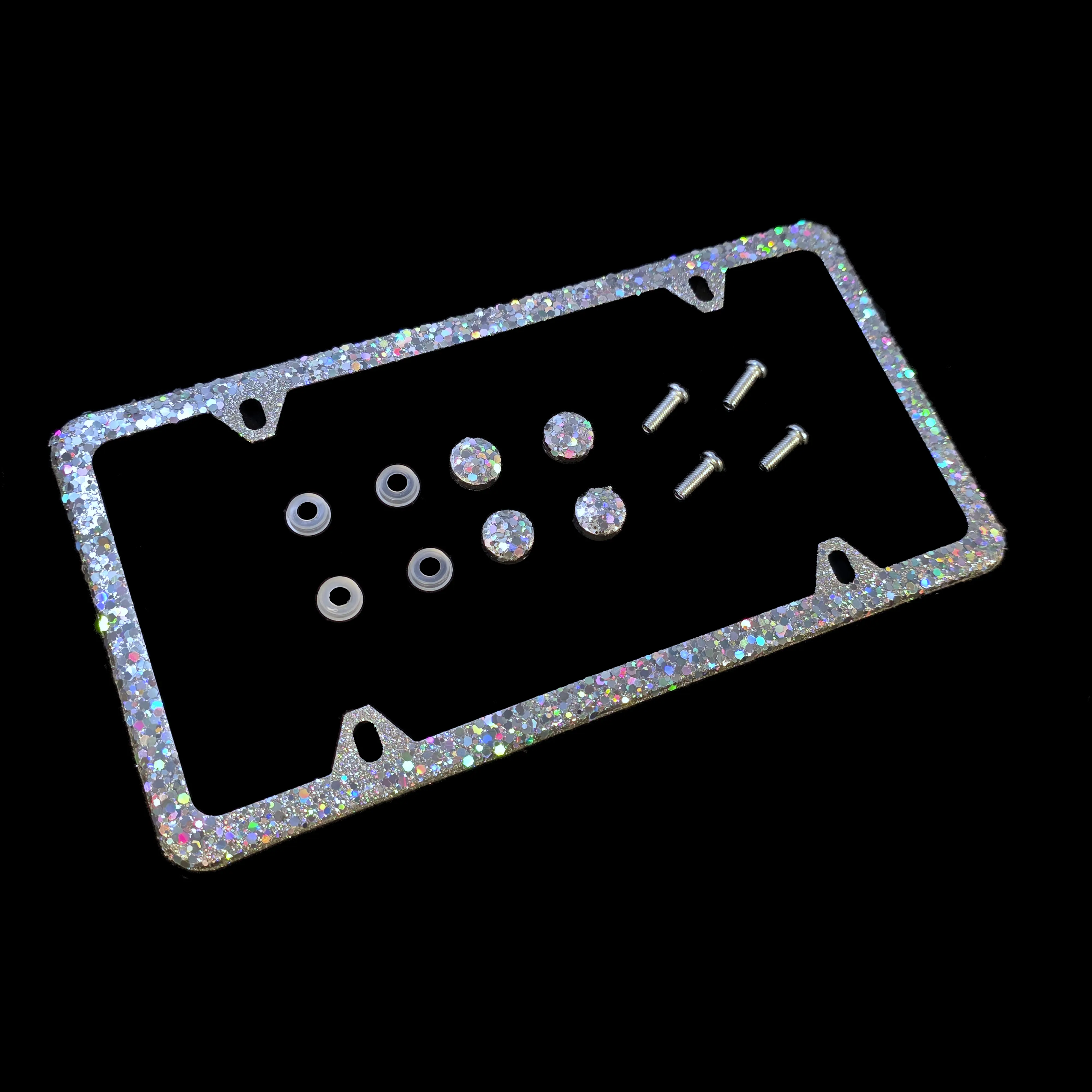 Dazzling Addiction Bling License Plate Frame Holographic Silver Big Chunky Glitter Bling Clear Made in USA Handmade Diamond Holder Screw Caps Personalizable Customizable Customized White Bedazzled Sparkly Shimmering for Girls and Women 4 Holes