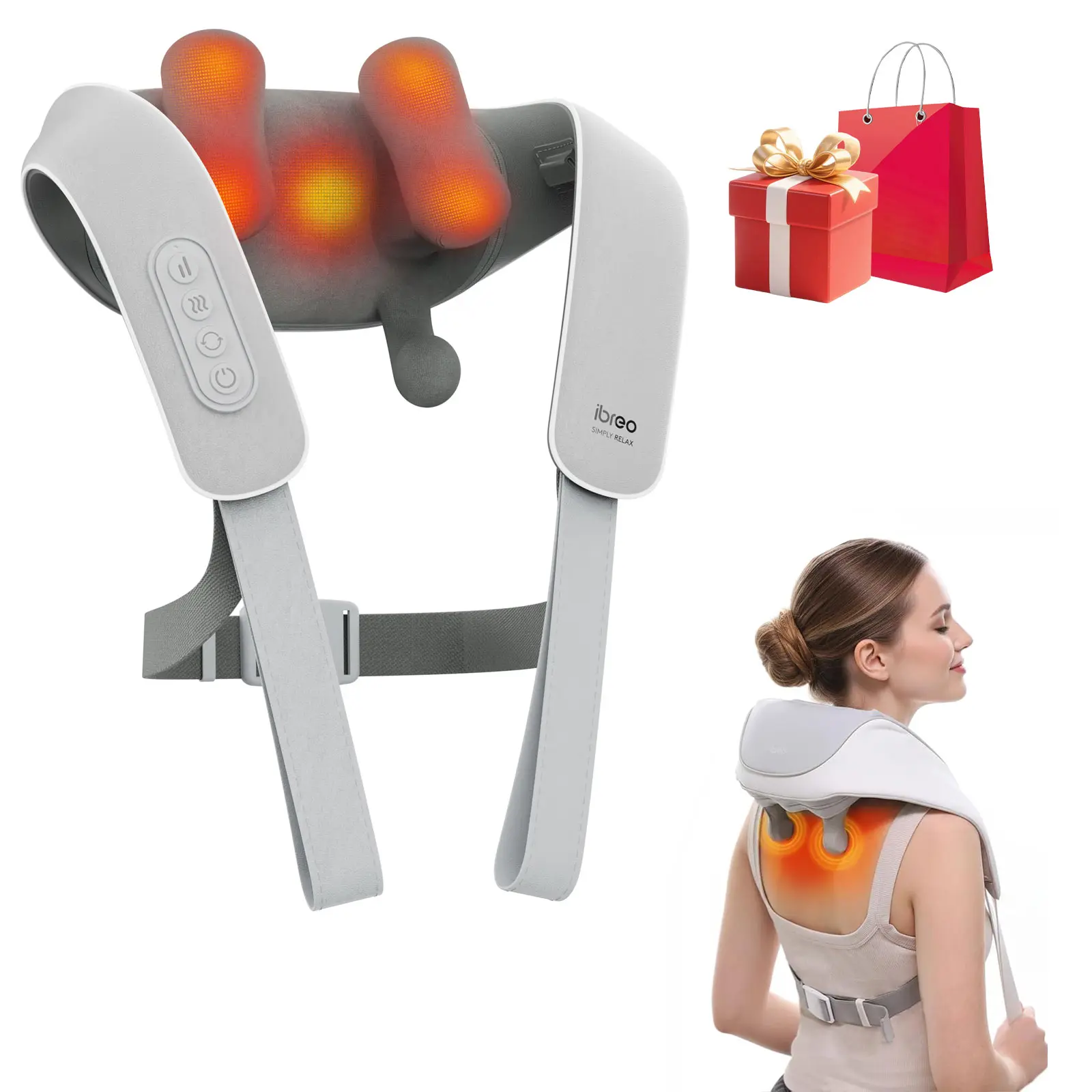 iBreo Cordless Shiatsu Neck and Back Massager - Back-Mounted Massage Device with 104°F Low Heat, 10 Mins x 12 Uses, 3 Modes, 2 Intensity Levels, 3D Kneading for Neck Pain Relief, Voice Prompt, Smart Memory for Adults, Back-Mounted Massage Devices