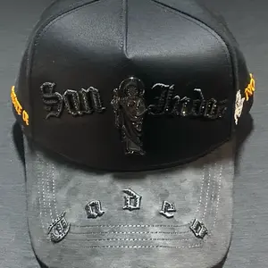 San Judas Tadeo Black Hat with Embellished Stones and Embroidered Design